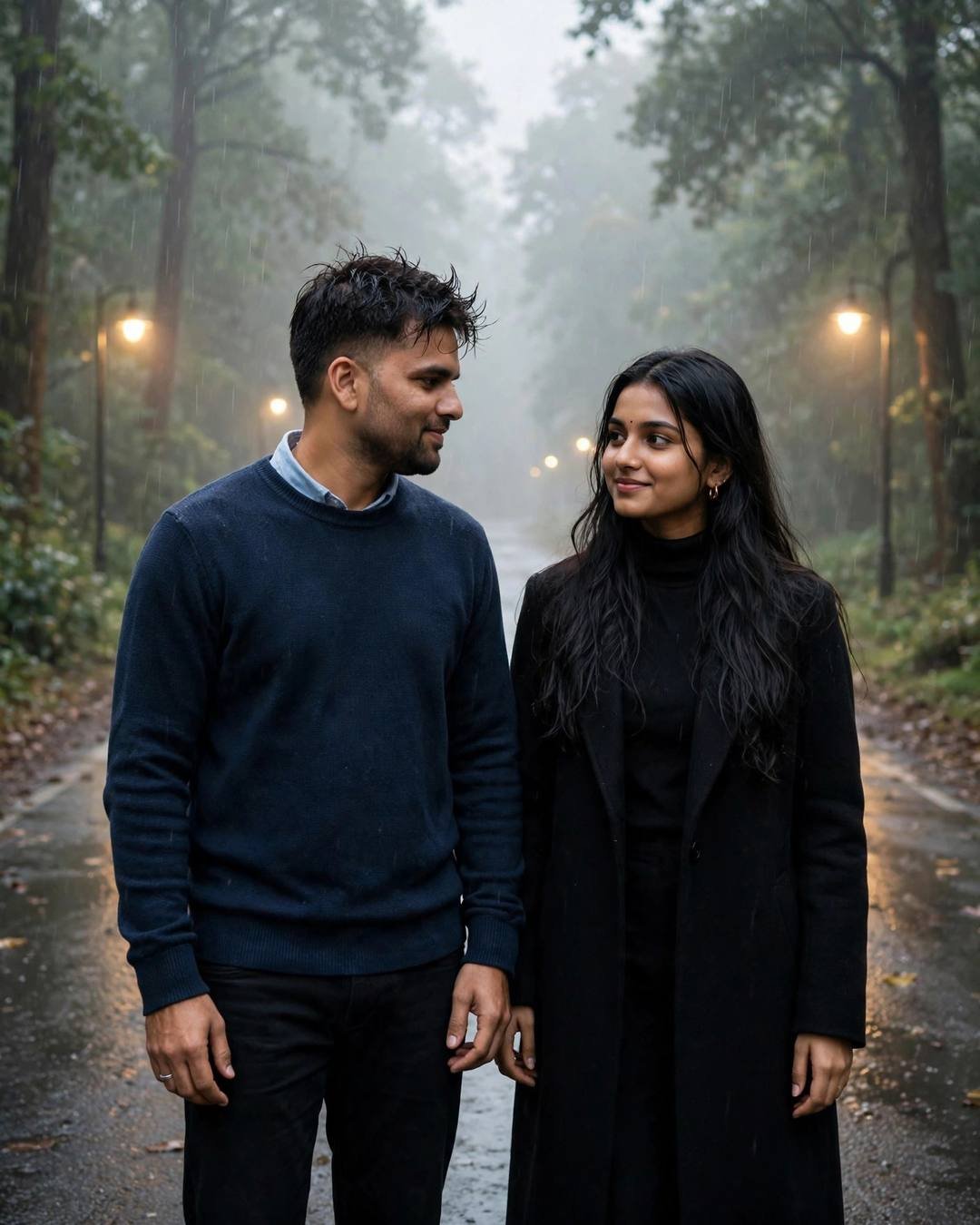 Couple standing face to face on a foggy empty road at dawn, streetlamps glowing through drizzle