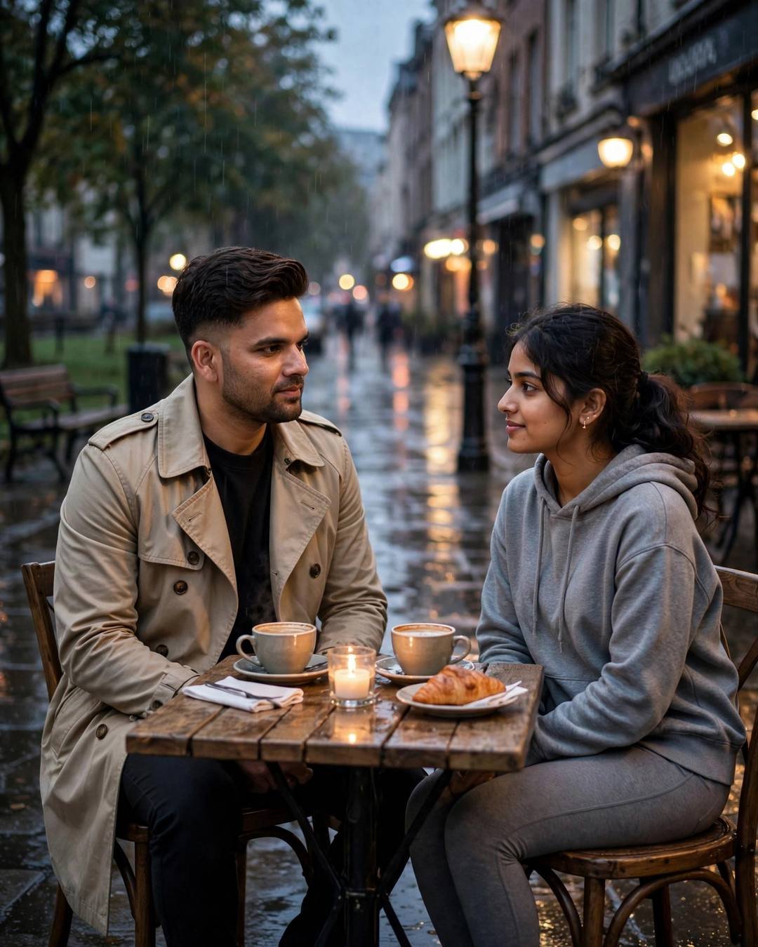 Couple gazing at each other across a small candlelit café table on a rainy street, man in beige trench coat, woman in grey hoodie