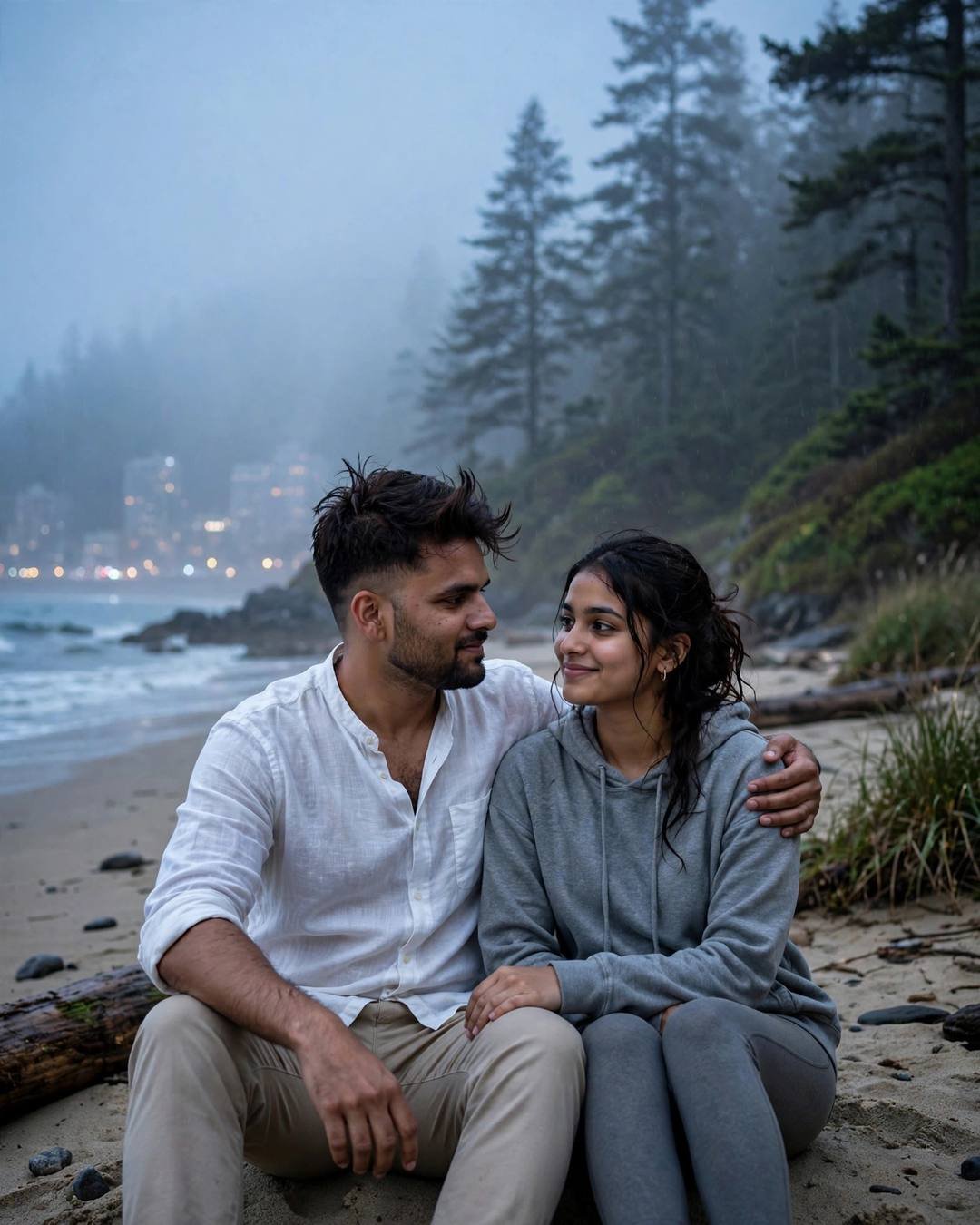 Couple sitting on a foggy beach, his arm around her shoulders, gazing at each other with waves and pine trees behind