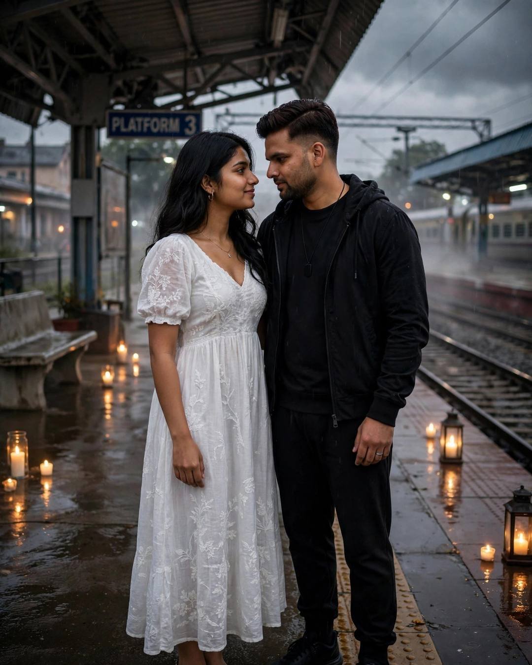 Couple with foreheads almost touching on a candle-lined empty railway platform at night in the rain, man in black, woman in white dress