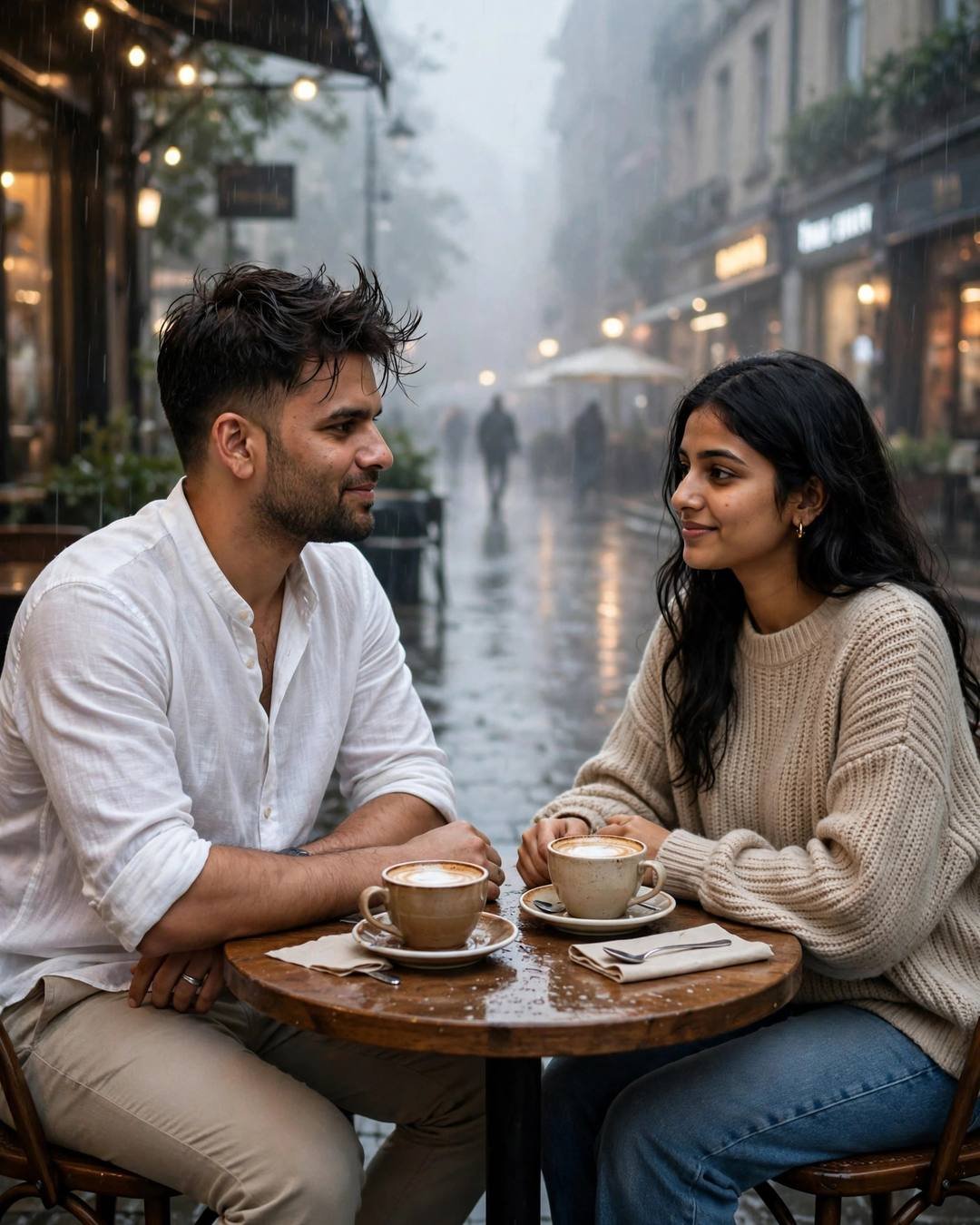 Couple at a small café table on a rainy street at night, two coffees between them, string lights glowing behind