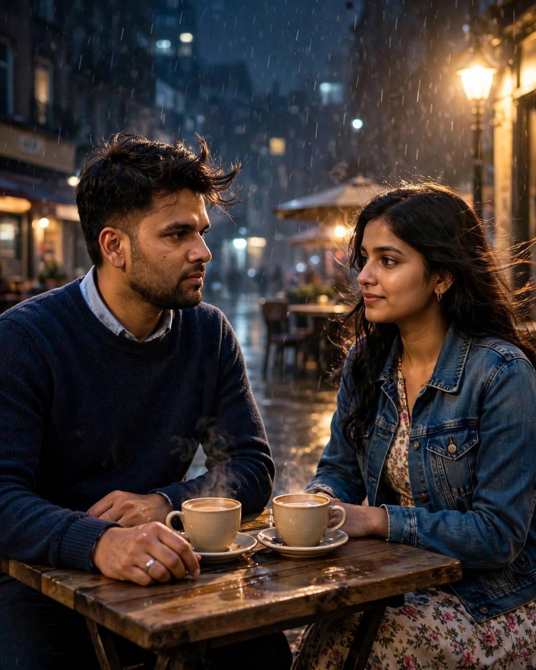 Couple at a café table on a rainy night street under a single streetlamp, two steaming cups between them