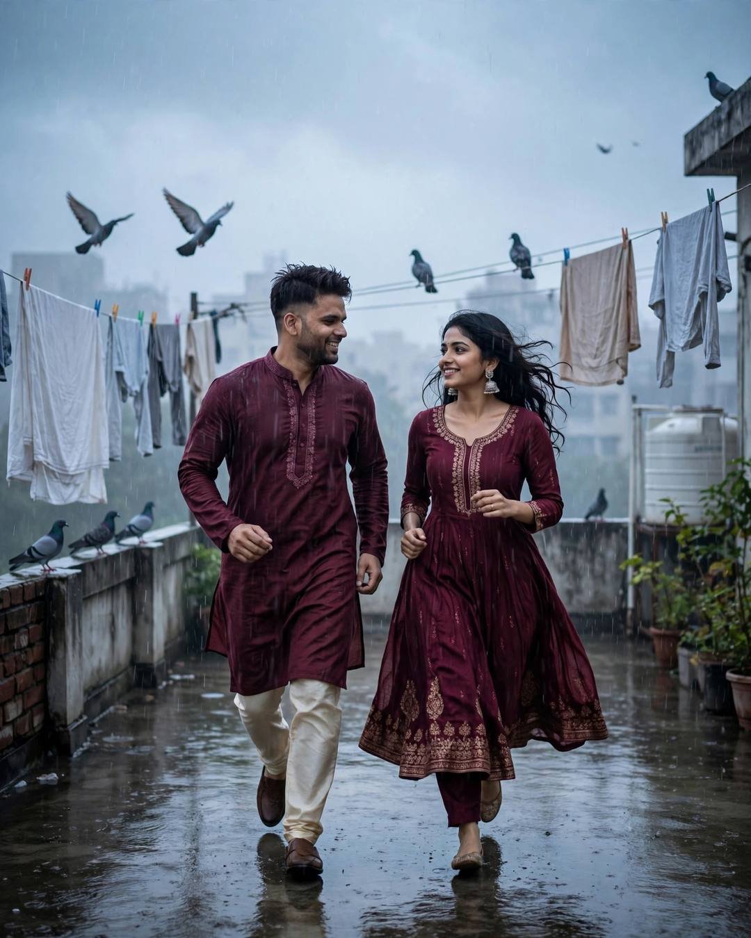 Couple in matching maroon outfits running together through monsoon rain on a terrace, pigeons flying around them