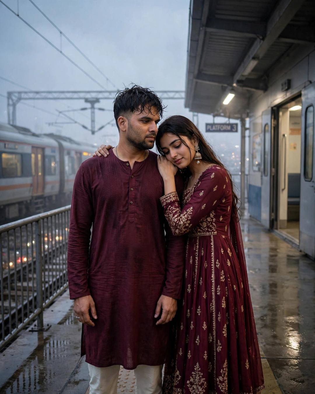 Couple in matching maroon outfits sharing one last hug on a foggy railway platform