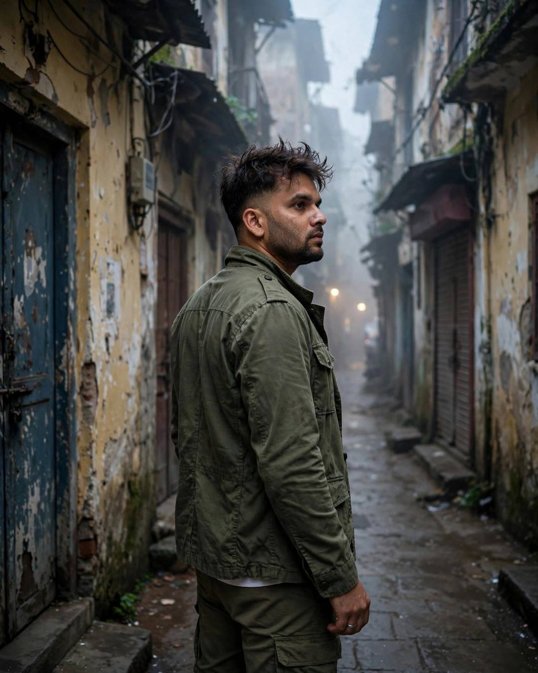 Young man in olive field jacket looking back over his shoulder in a foggy old-city lane