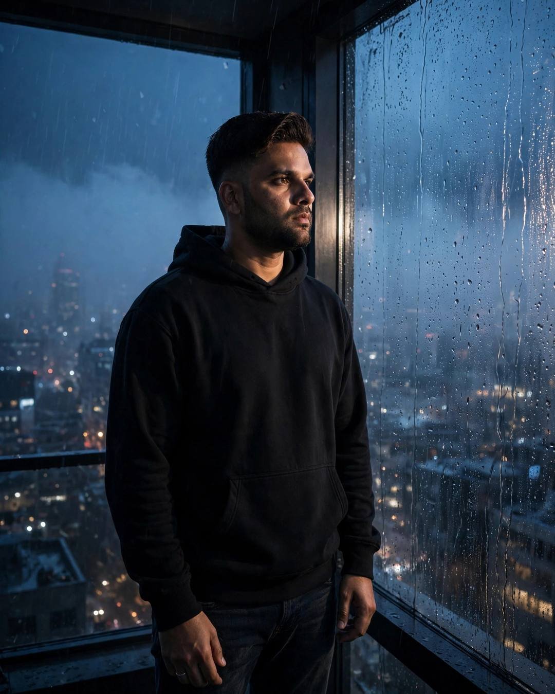 Young man in black hoodie standing at a rain-streaked window above city lights at blue hour