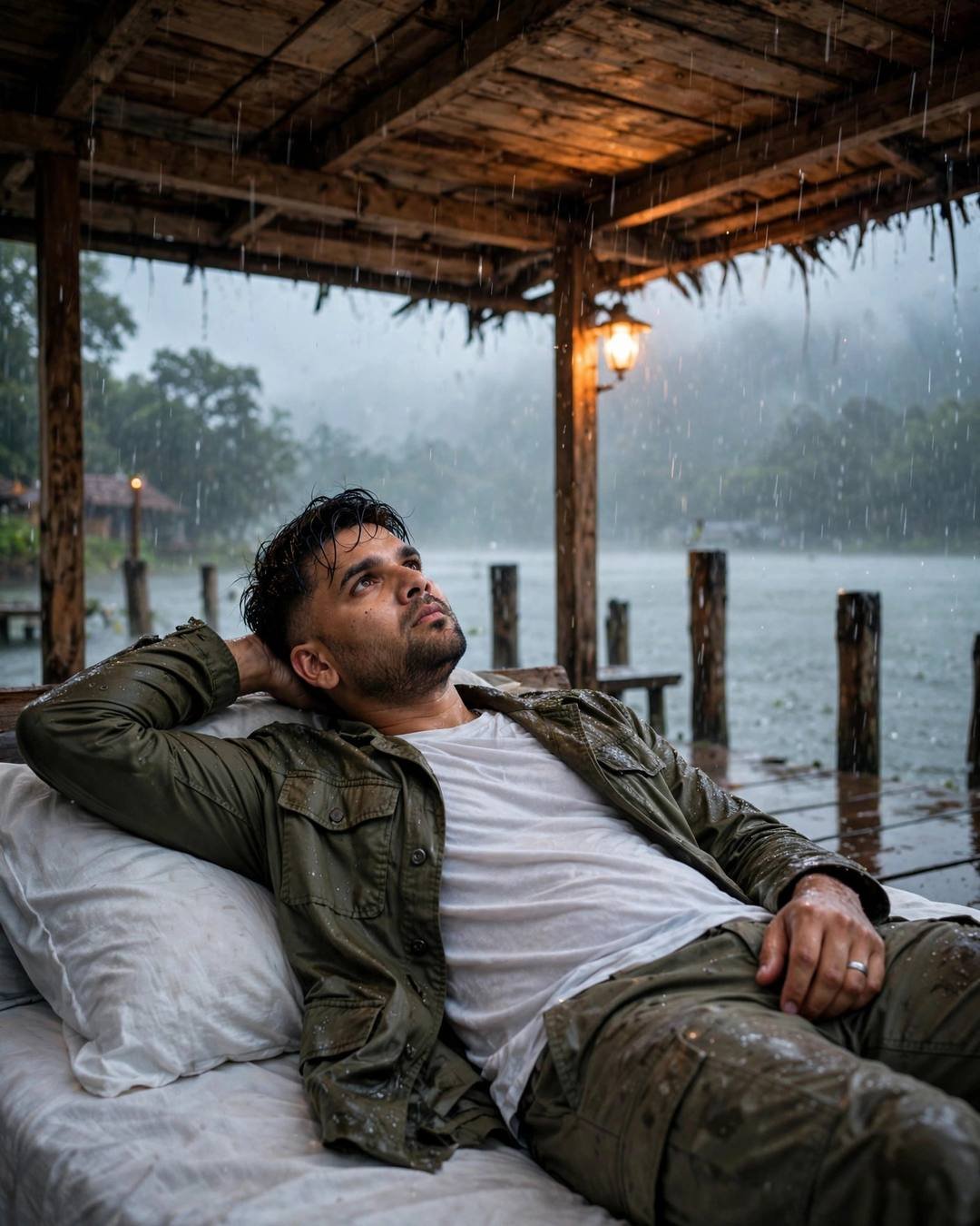 Young Indian man in olive field jacket lying back on a bed under a wooden shelter on a rainy lake pier at dawn