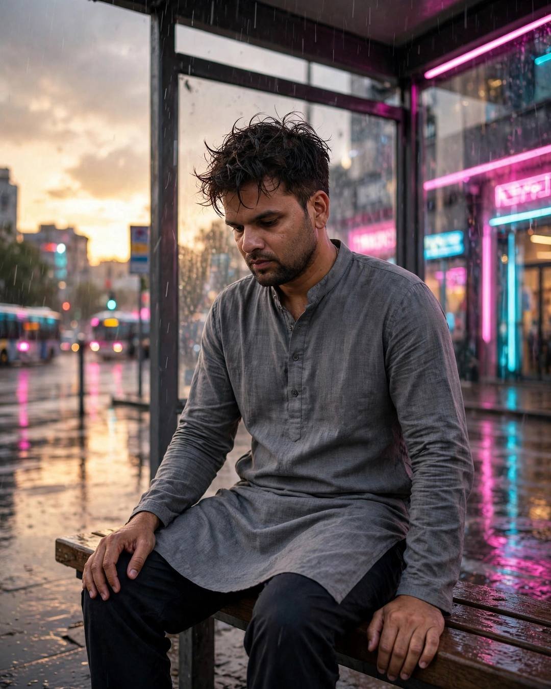 Young Indian man in grey kurta sitting alone on a rainy bus stop bench at golden hour with neon pink and cyan light