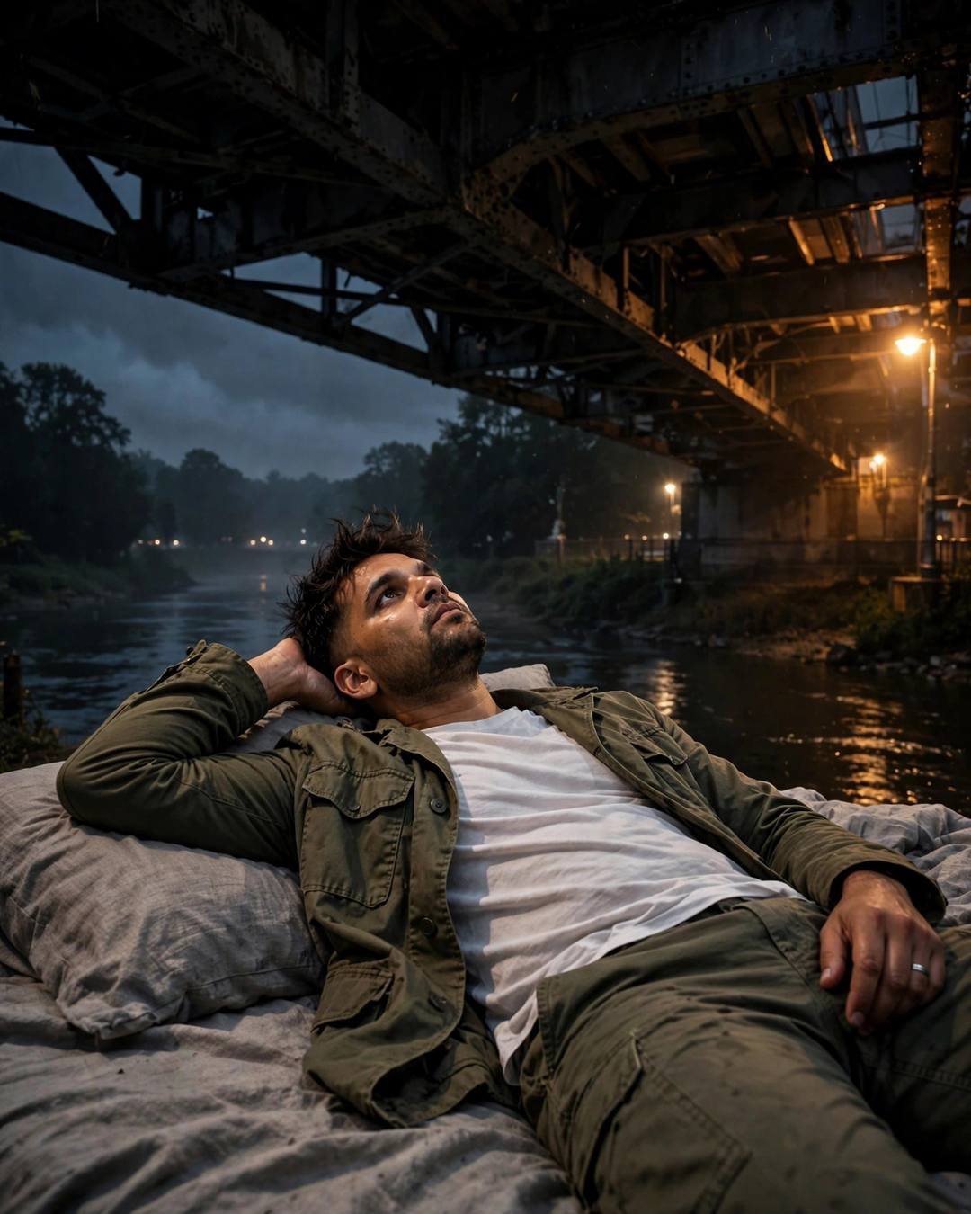 Young Indian man in olive field jacket lying back on a bed under a steel bridge over a slow river at midnight, staring up
