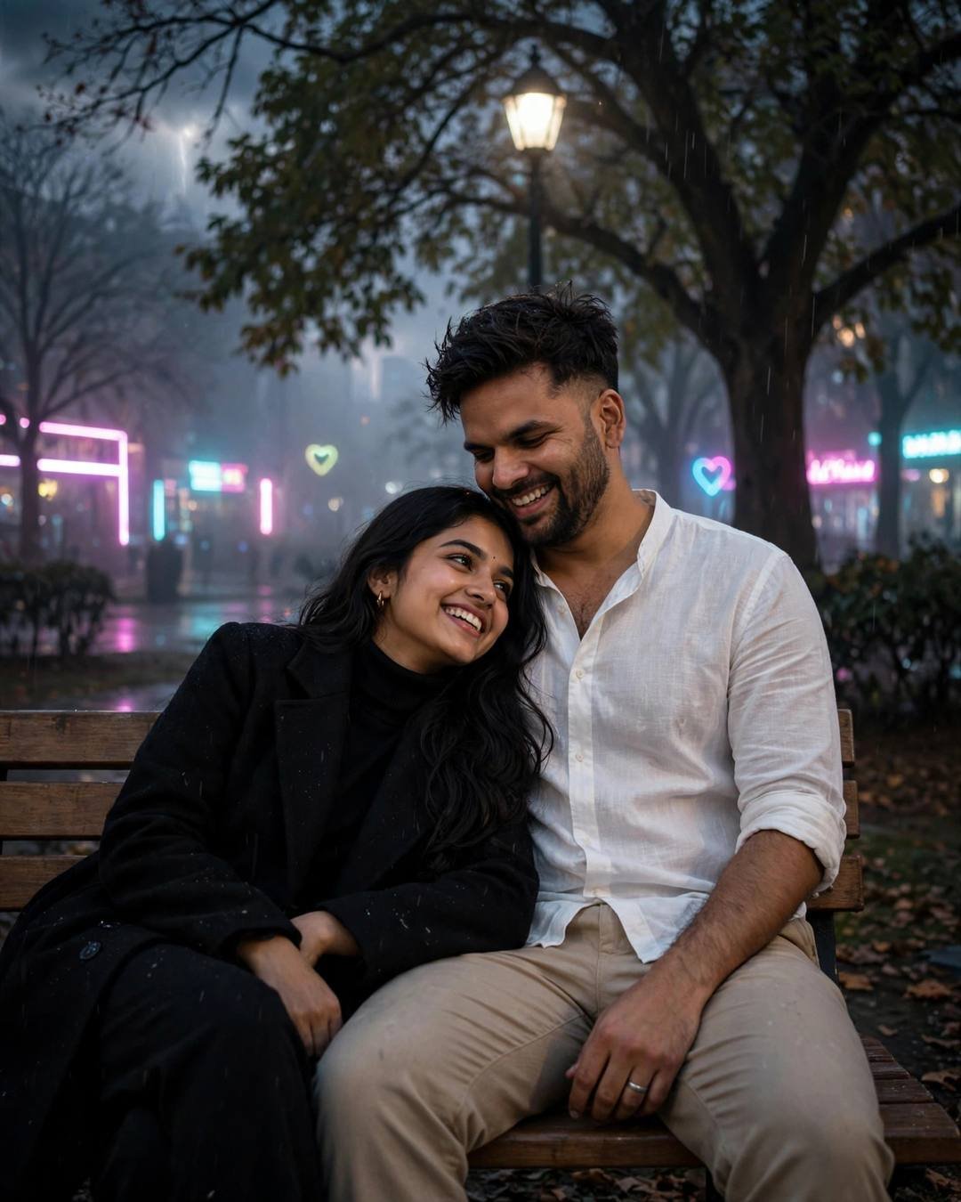 Young Indian couple sitting close on a park bench under a lone lamp at night, laughing softly, neon hearts glowing behind them