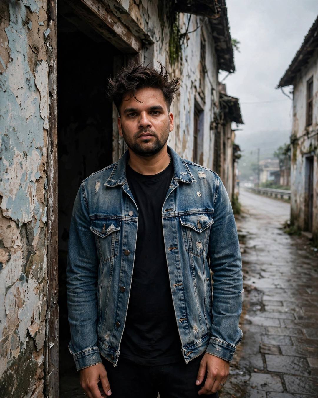 Young man in denim jacket standing half in shadow in an old doorway, wet lane behind
