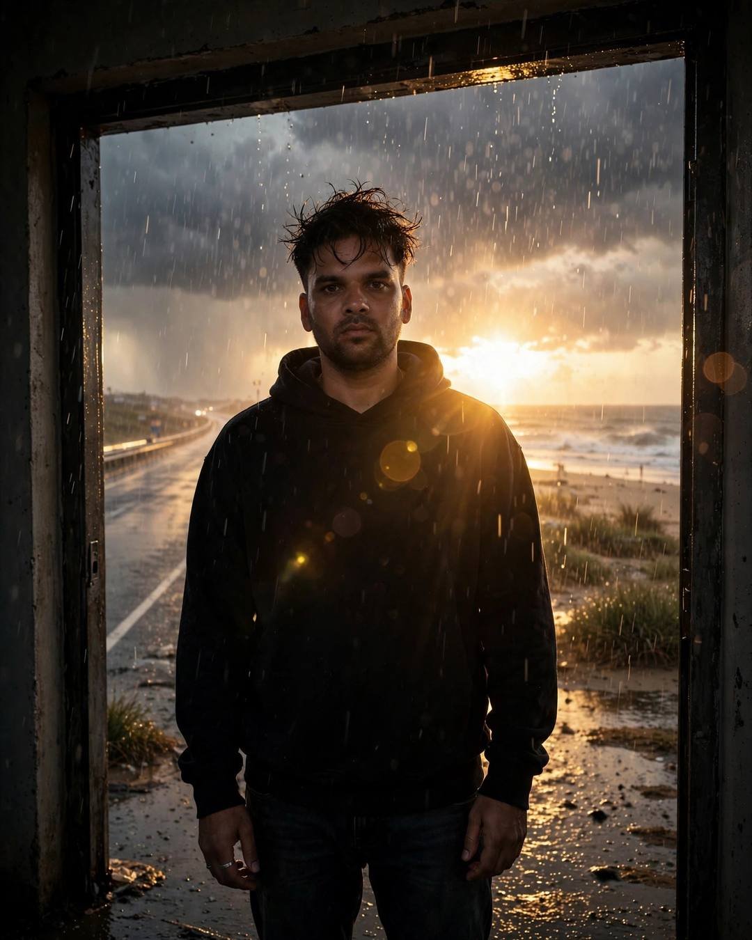 Young man in black hoodie standing in a doorway facing a monsoon beach road with golden-hour rain flare