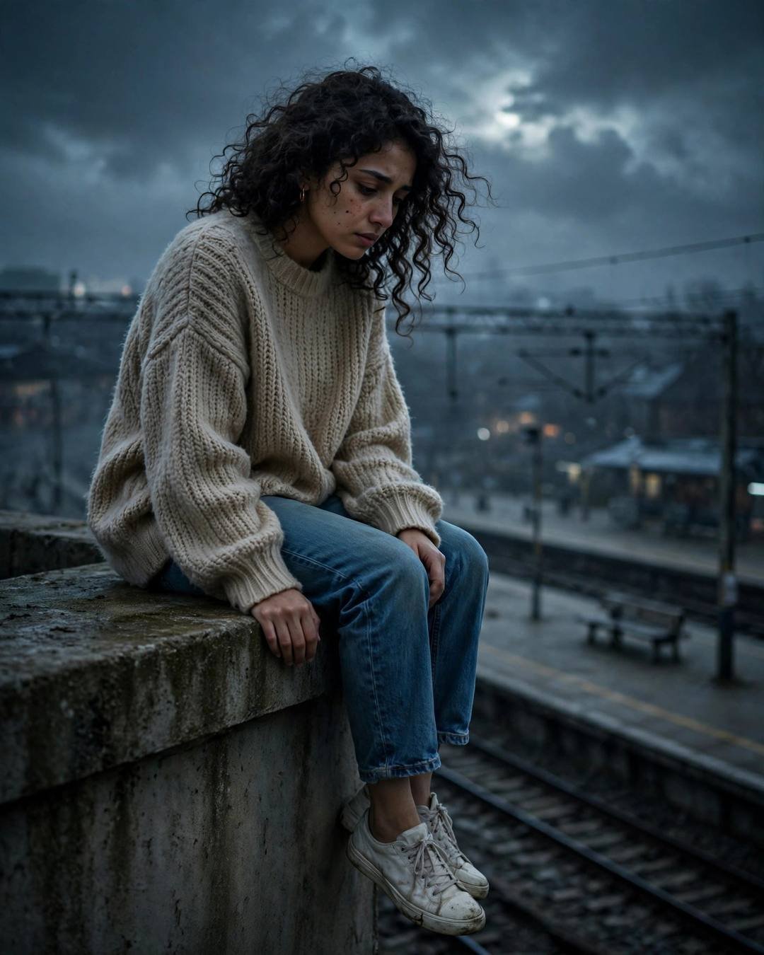 Young Indian woman in oversized beige sweater and jeans sitting on a ledge above an empty railway platform at night, legs dangling, moonlight through clouds