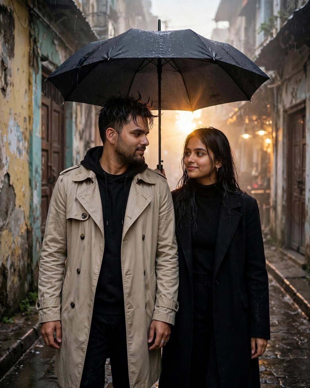 Young Indian couple walking under one umbrella in a rain-wet old-city lane, beige trench coat and black coat