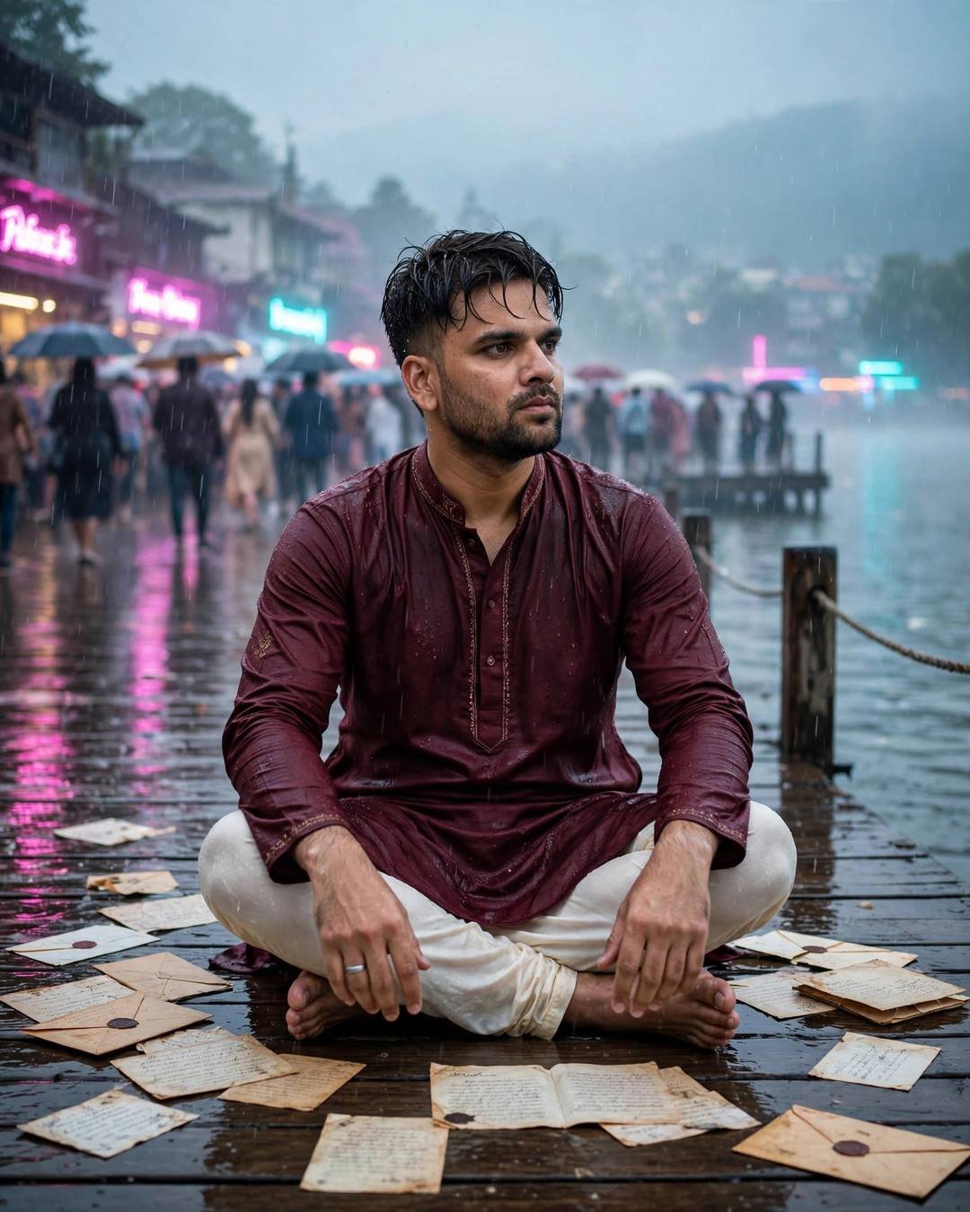 Walking through a festival crowd, untouched by — maroon kurta with cream churidar, damp rain-wet hair, sitting cross-legged on the floor surrounded by old letters at quiet lake pier at dawn; light rai
