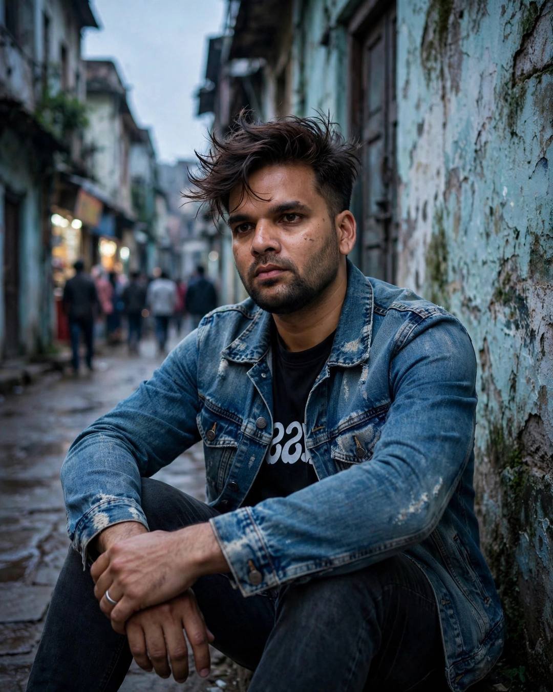 A full metro, empty seat beside him — distressed denim jacket over black tee, windswept textured hair, sitting with knees drawn up, arms wrapped around legs at narrow old-city lane with peeling walls;