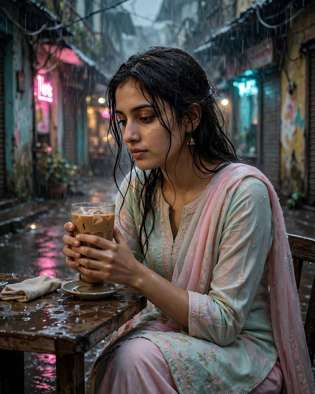 One plate, one candle, her favourite song — pastel salwar-kameez with dupatta, wet hair clinging softly, sitting at a cafe table, cradling a cold coffee, lost in thought at narrow old-city lane with p
