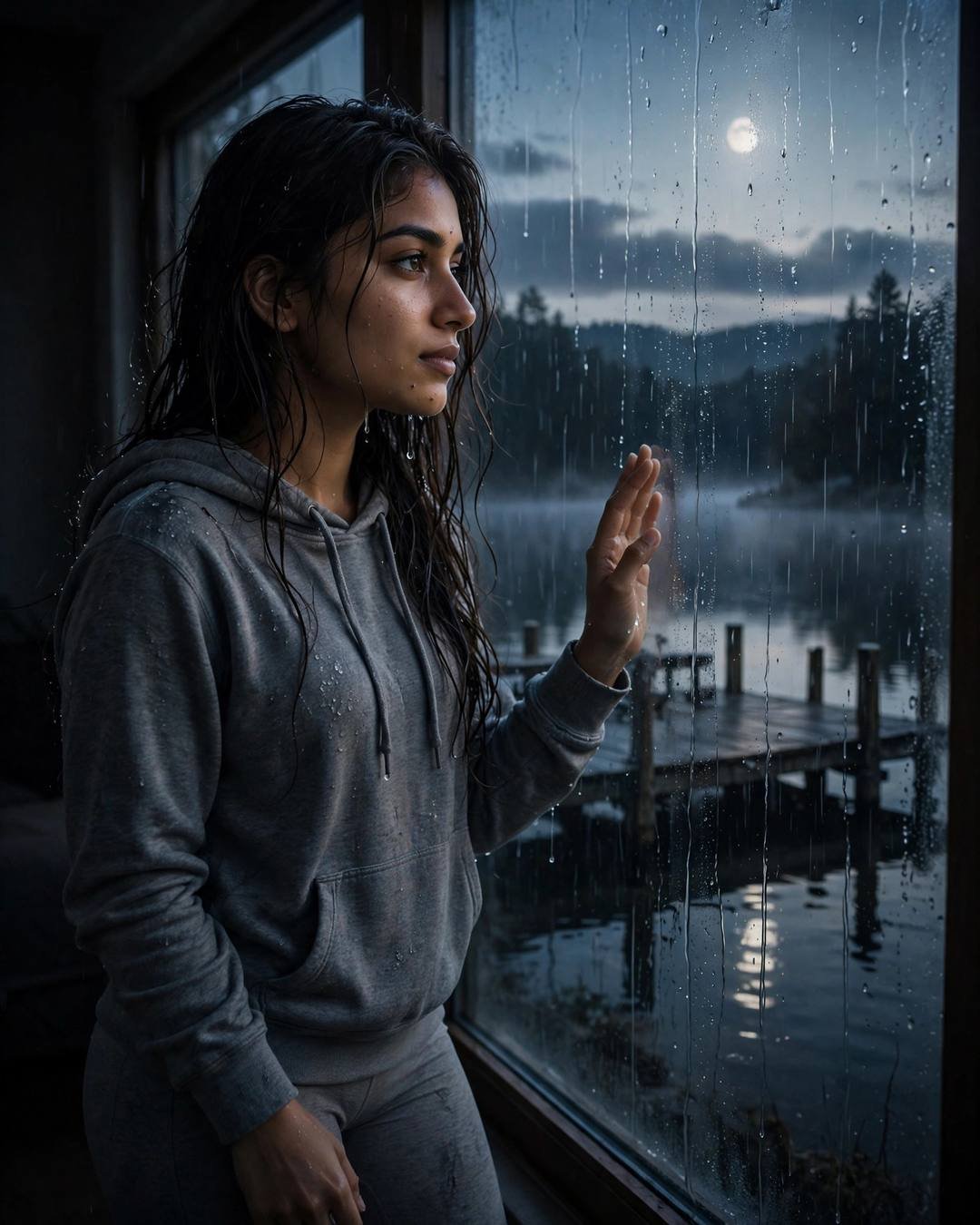 Dancing alone in her room, fairy lights — grey hoodie and leggings, wet hair clinging softly, standing at a rain-streaked window, one hand on the glass at quiet lake pier at dawn; clear cold night, da