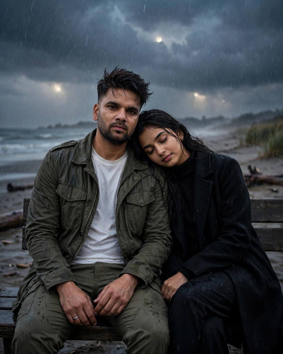Young Indian couple sitting close on a bench at a deserted rainy beach, her head on his shoulder, olive jacket and black coat