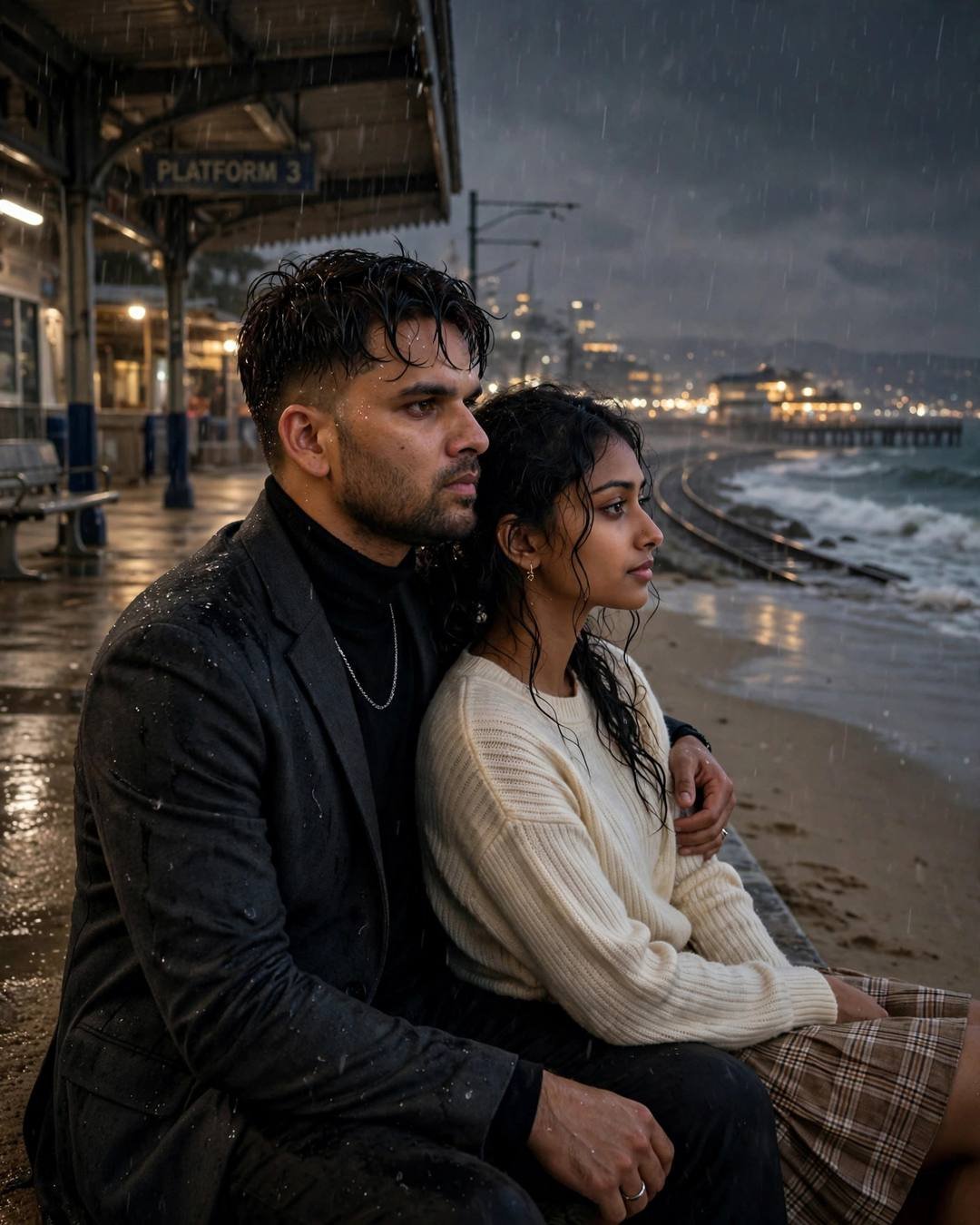 Counting down days on a paper calendar — charcoal blazer, black turtleneck, damp rain-wet hair, sitting on the sand watching the waves, his arm around her at empty railway platform at night; drizzle, 