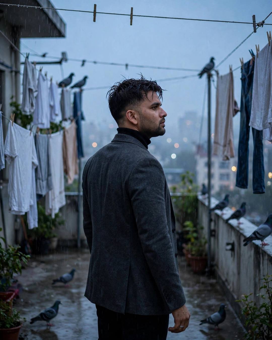 Young Indian man in a charcoal blazer and black turtleneck standing on a rain-drizzled terrace at blue hour