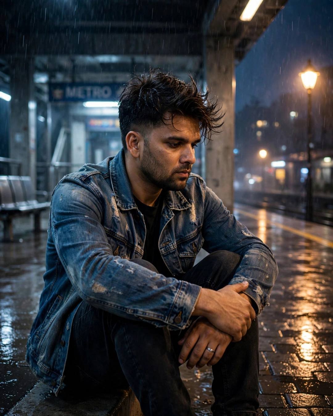 Young Indian man in distressed denim jacket sitting alone at a midnight metro station, knees drawn up, rain on wet streets, sodium lamp glowing, blue hour