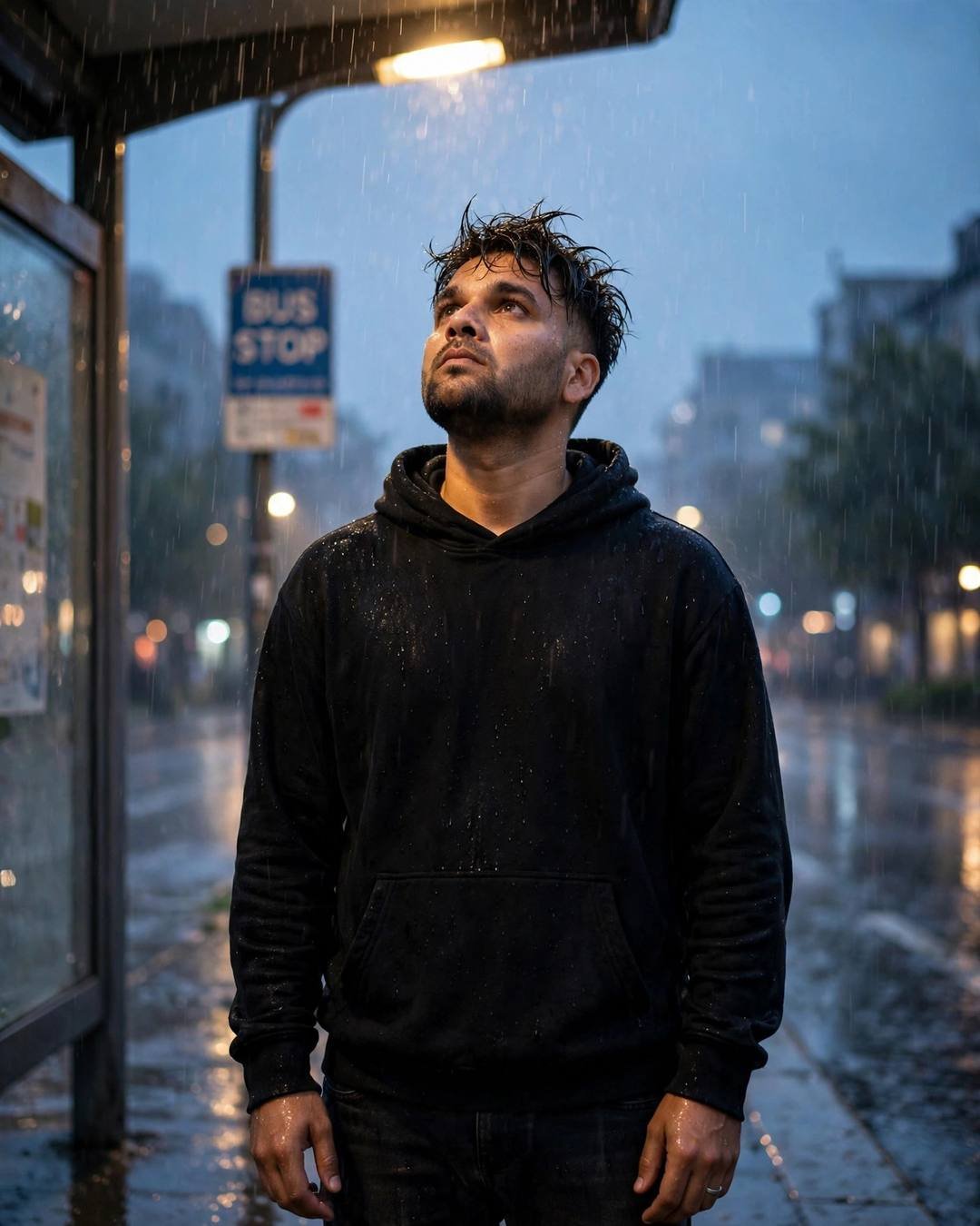 Young Indian man in black oversized hoodie standing at a rainy bus stop, face lifted to the sky, streetlamp glowing, blue-hour rain