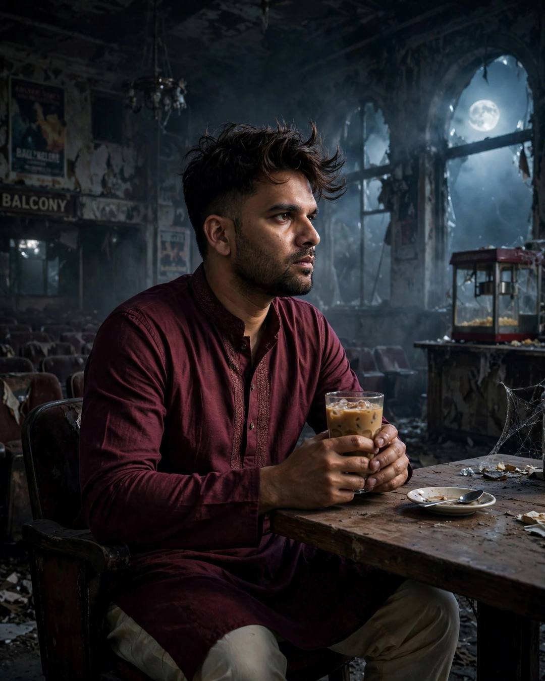 Young Indian man in maroon kurta sitting alone in an abandoned cinema hall at midnight, cradling a cold coffee, moonlight streaming through broken arches