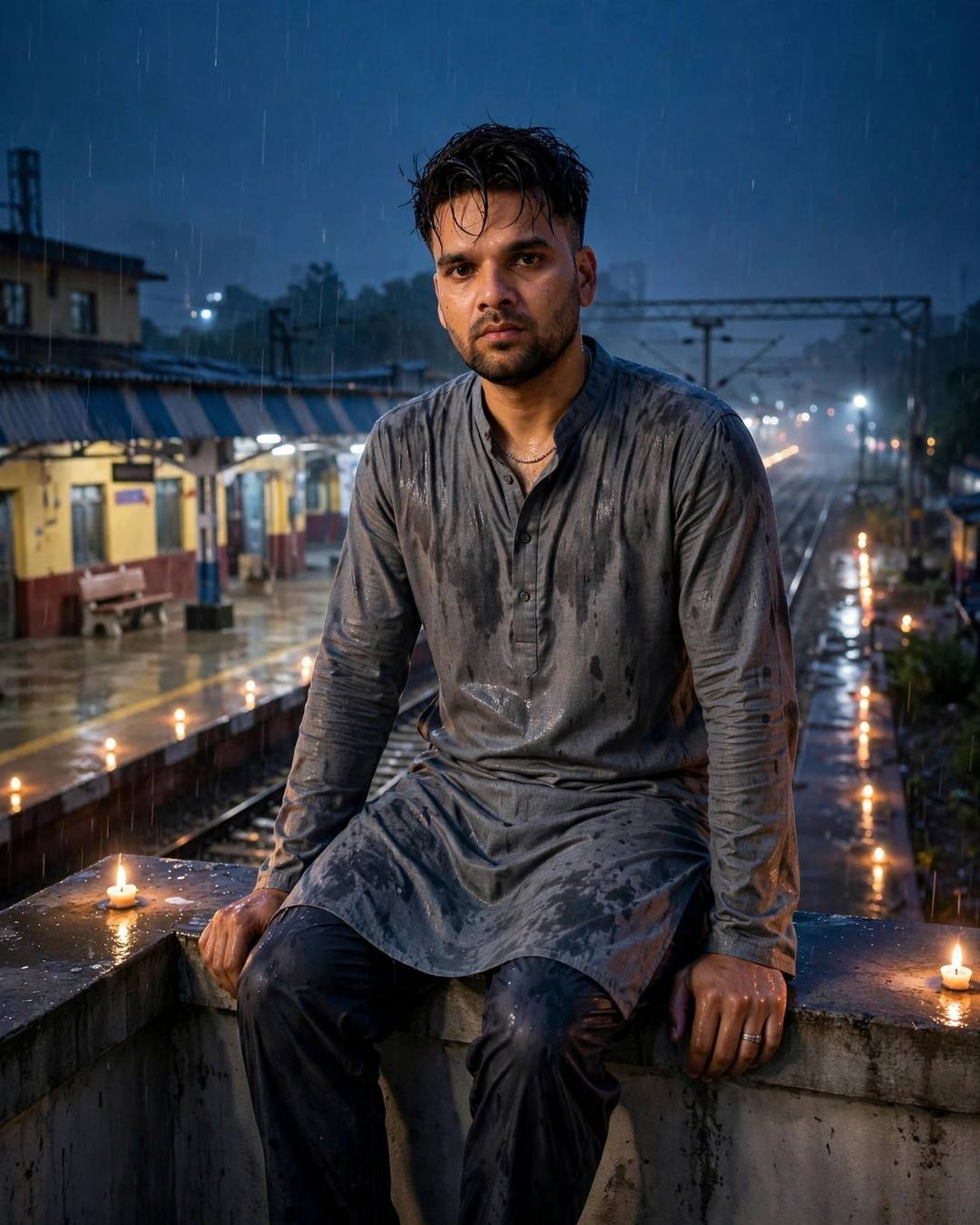 Young Indian man in a rain-wet grey kurta sitting on a candlelit ledge above an empty railway platform at night