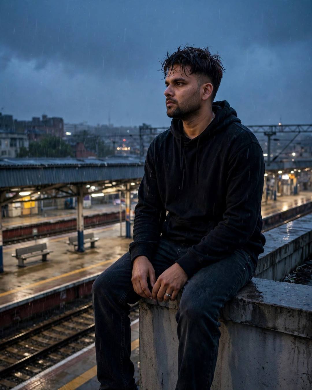 Cinematic AI photo: Rain on the window, his reflection doubled (Moody Boy)