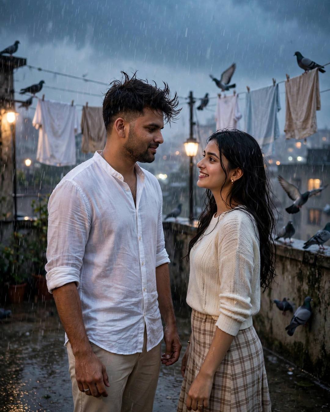 Couple dancing slowly on a monsoon-soaked rooftop terrace in the rain