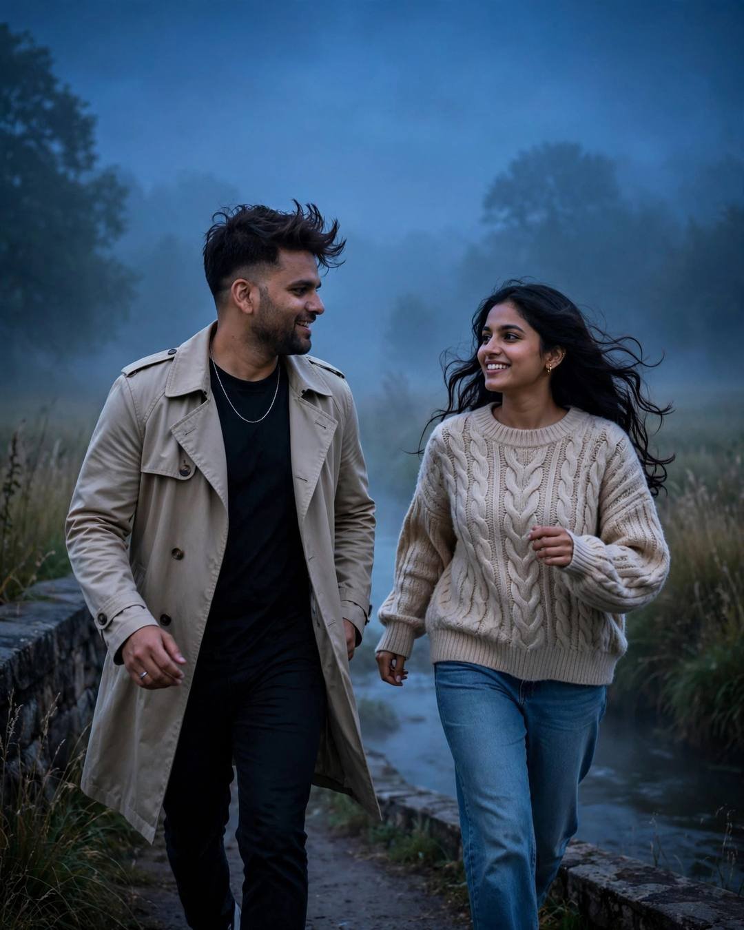 Couple running laughing across a stone bridge over a misty river at blue hour