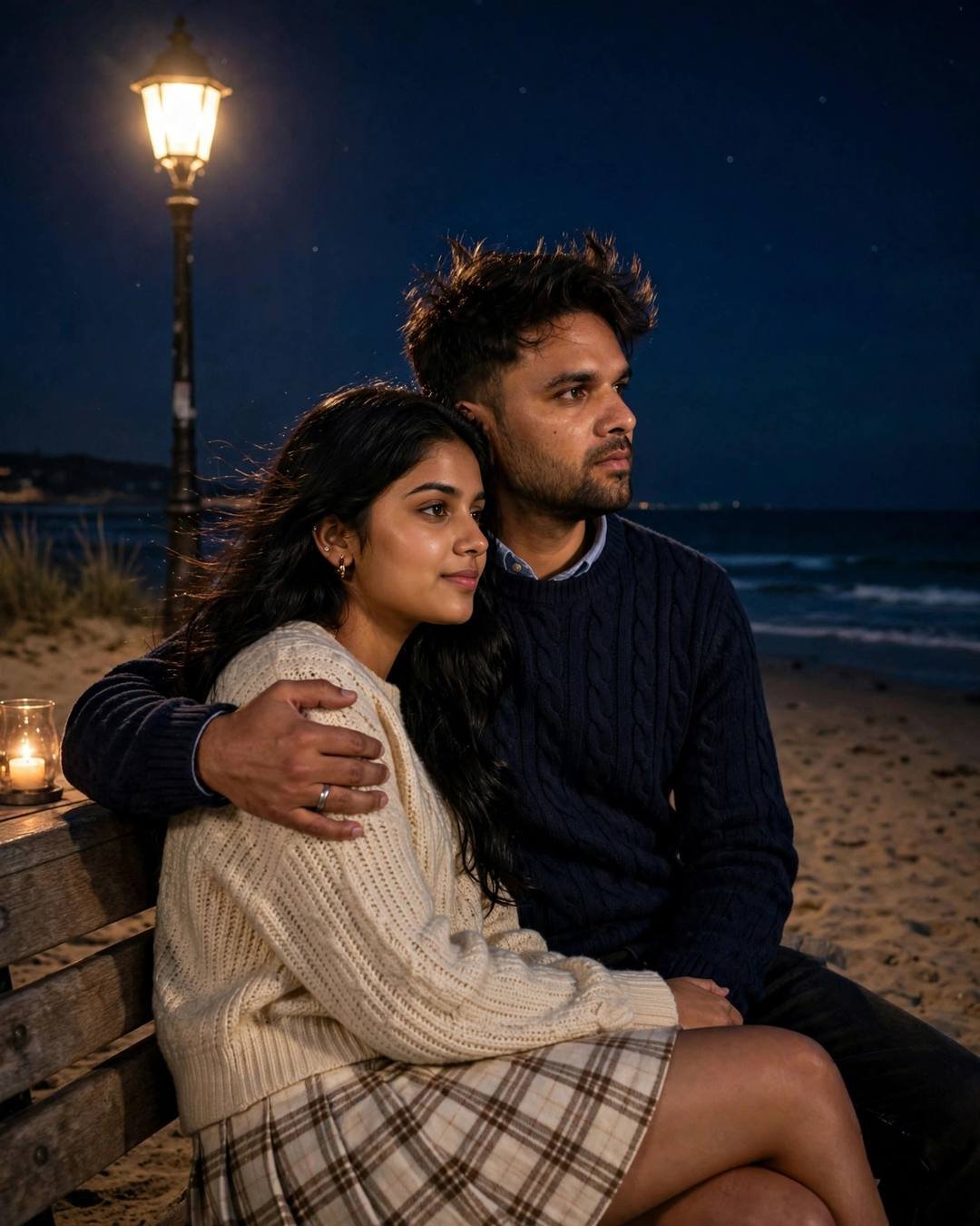 Couple sitting close on a night beach bench under a lamp, man's arm around woman, candle glowing beside them