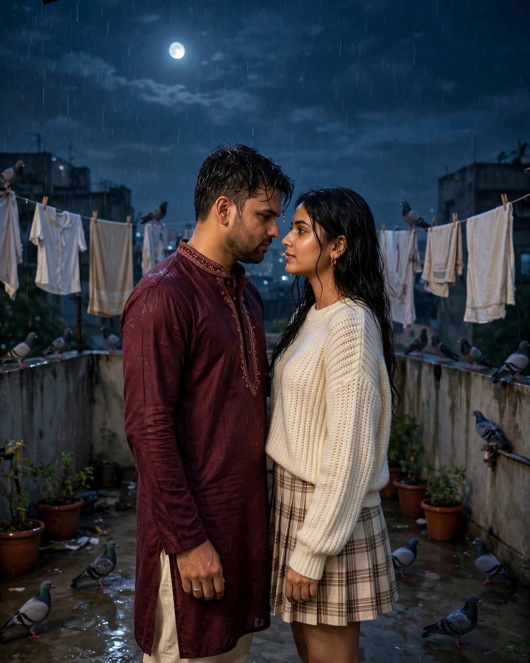 Couple standing face to face on a rainy rooftop at night, moon overhead, clothes lines and pigeons around them