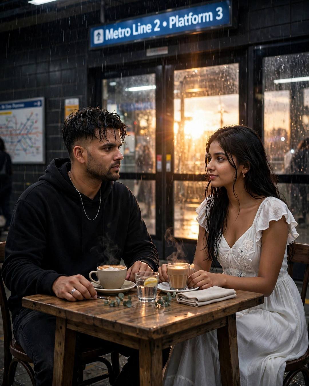 Couple sharing chai at a small table on a rainy metro platform at midnight, golden light glowing through glass doors