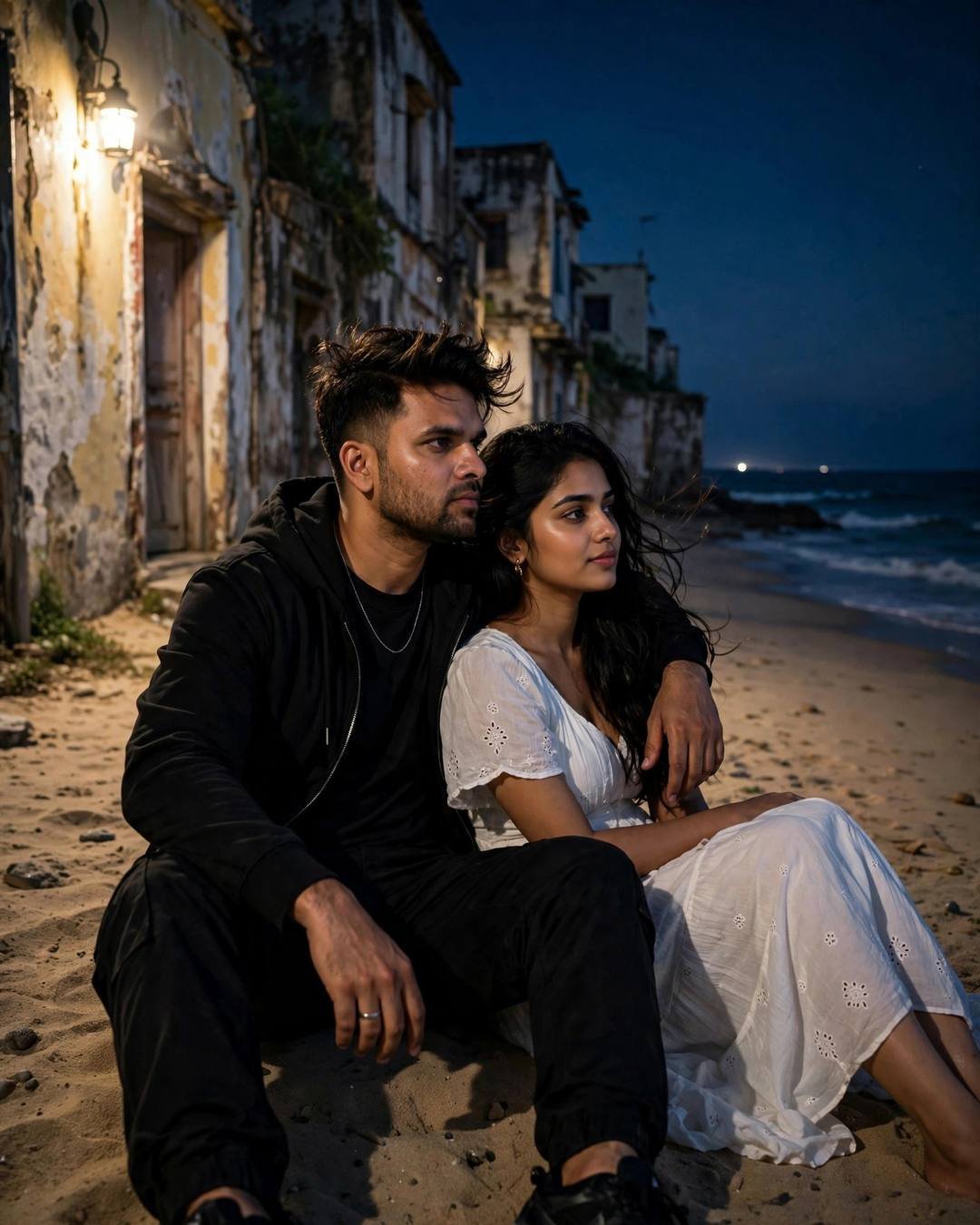 Couple sitting on a night beach beside old weathered walls, man's arm around woman, single lamp glowing