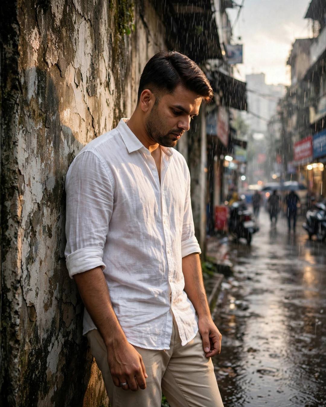 Young man in white linen shirt leaning against a weathered wall in the rain, head tilted down