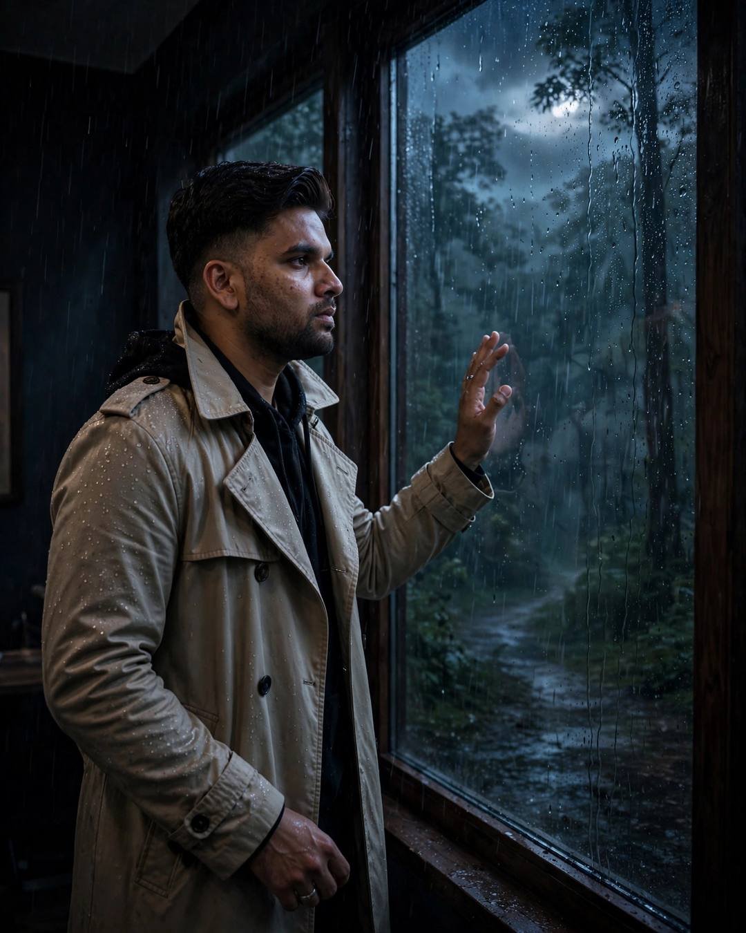 Young man in beige trench coat standing at a rain-streaked window, hand on the glass, misty forest path beyond