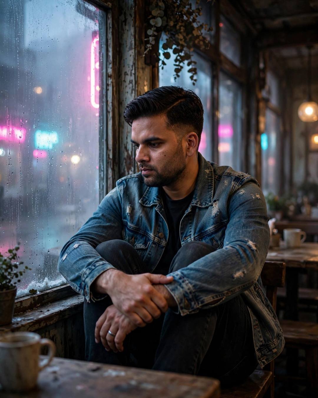Young man in denim jacket sitting with knees drawn up at a fogged café window with neon street beyond