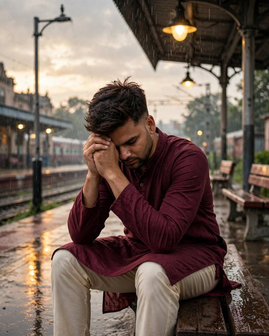 Young man in maroon kurta sitting on a station bench at golden hour with head in hands, train behind