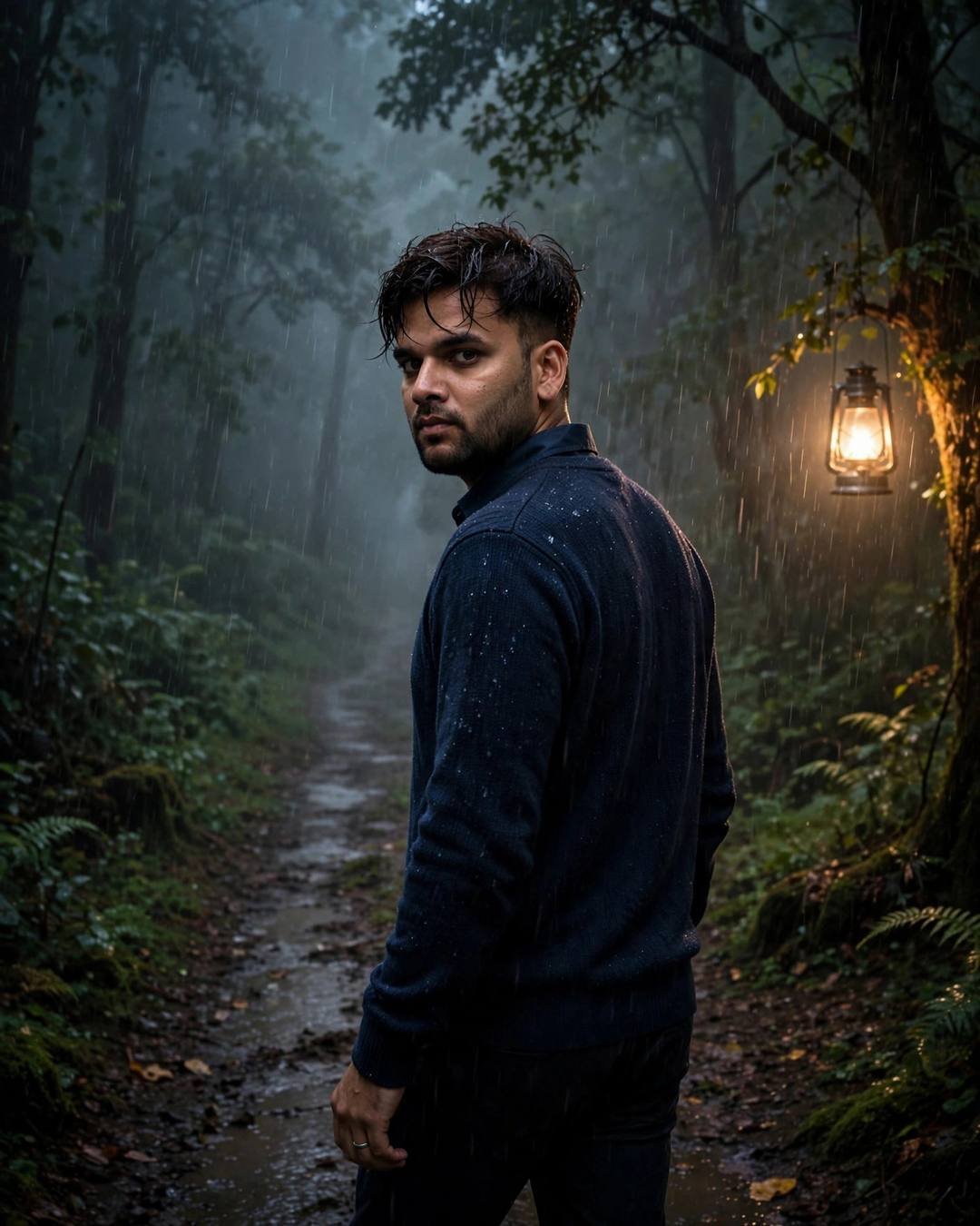 Young man in navy sweater walking down a rain-lashed forest path, looking back over his shoulder