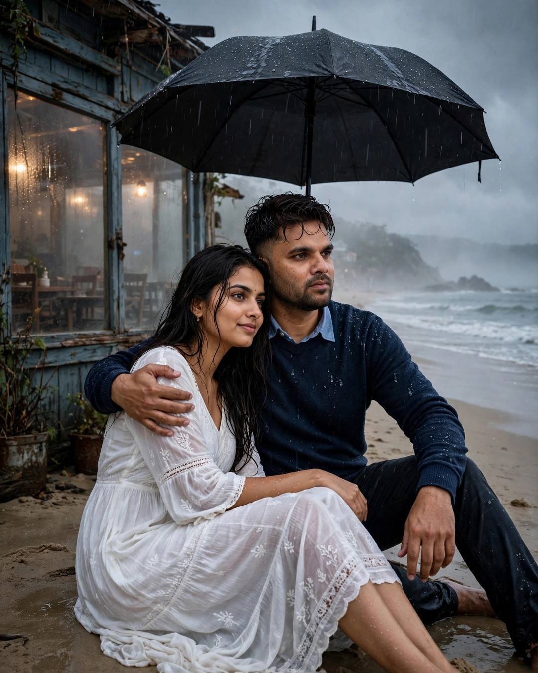 Couple sitting close under one umbrella on a rainy beach, old cafe glowing through fogged windows behind them