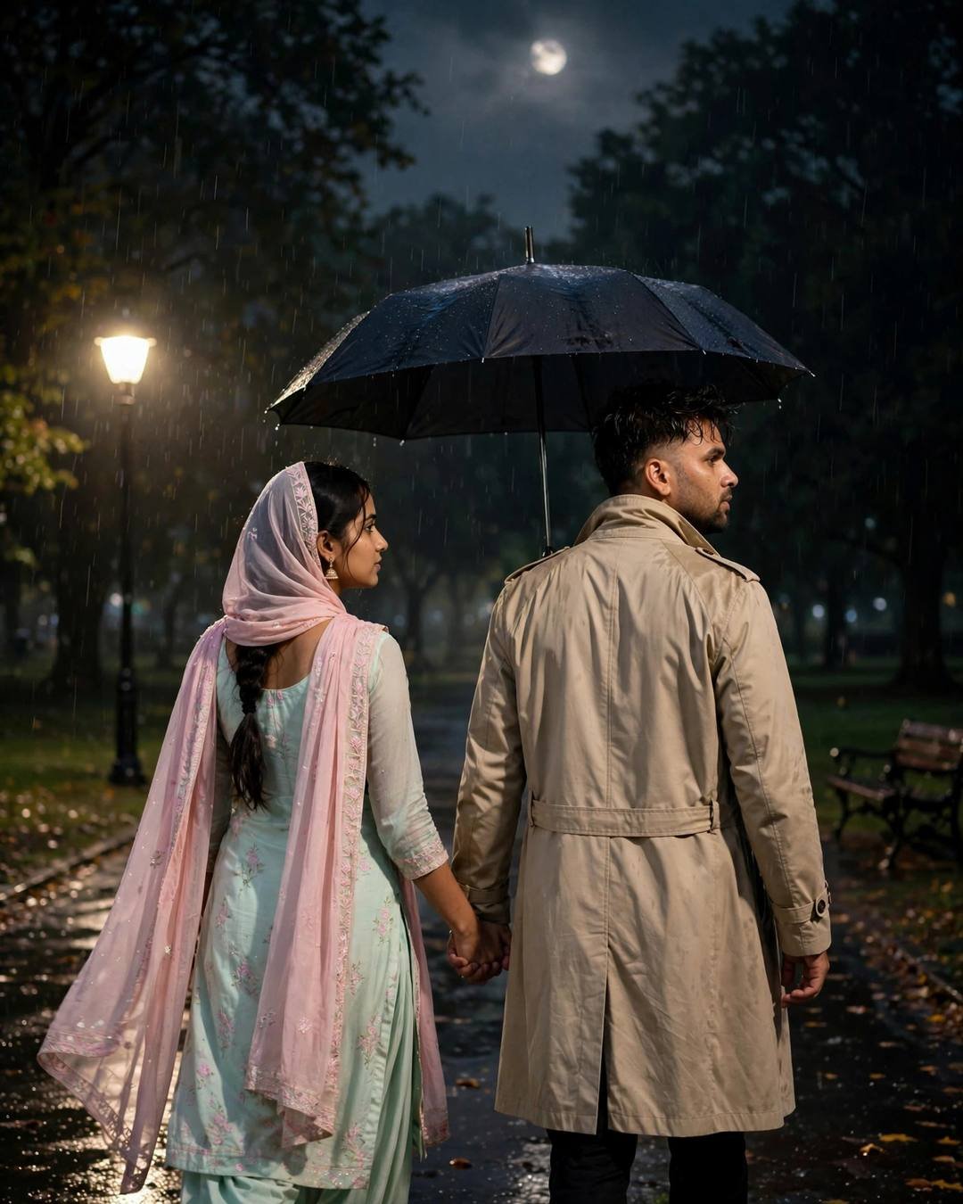 Couple walking hand in hand under one umbrella in a moonlit rainy park, dupatta trailing in the wind