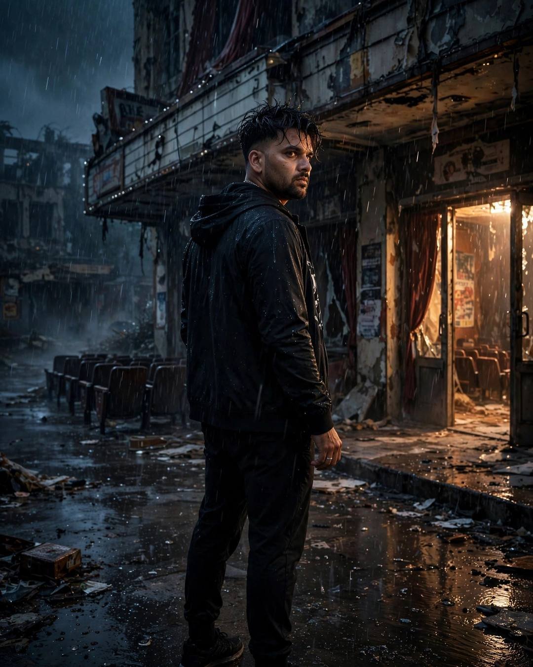 Man in black streetwear looking back over his shoulder outside an abandoned cinema in midnight rain