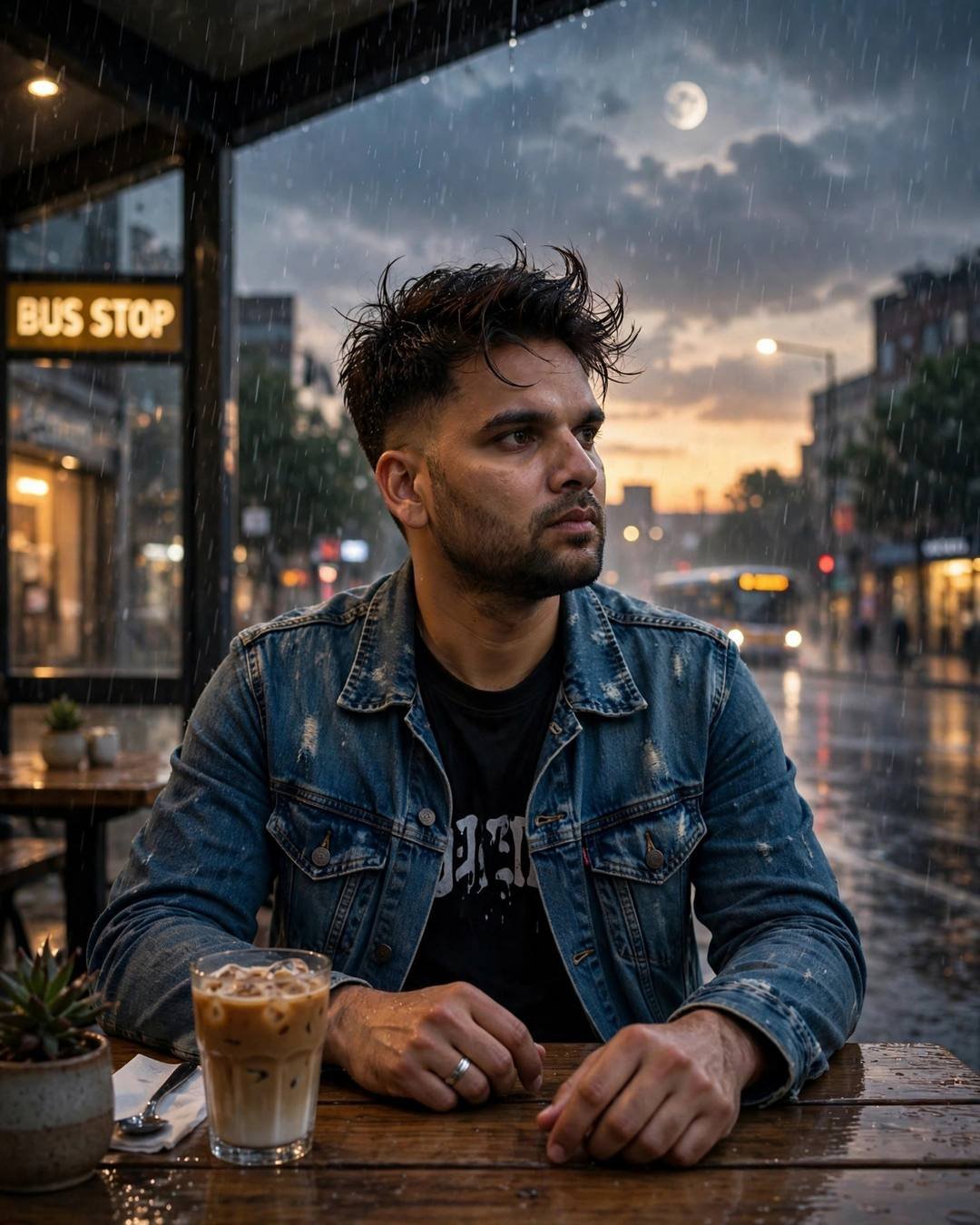 Man in denim jacket sitting at a rainy bus stop with an untouched cold coffee, gazing into the distance