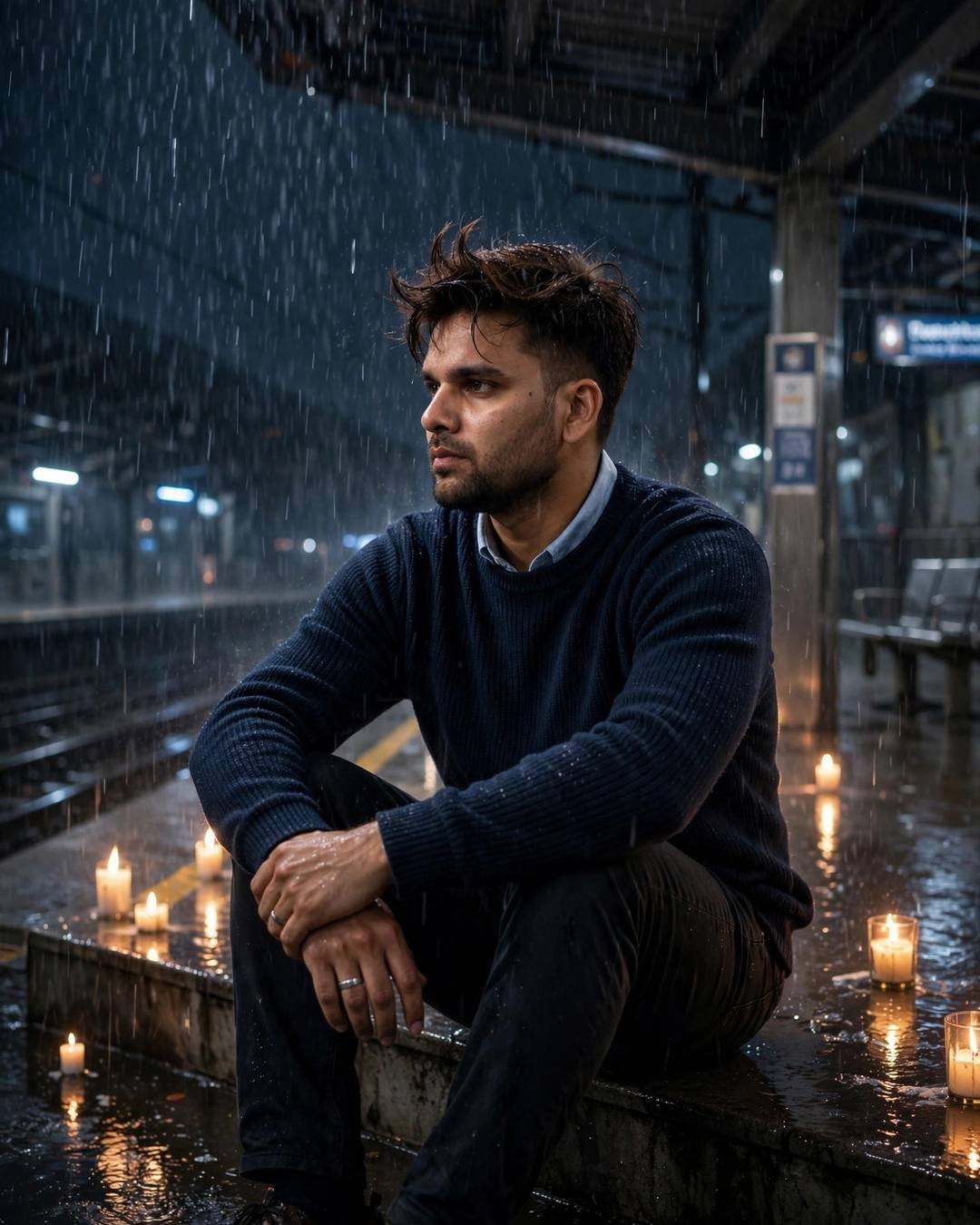 Man sitting with knees drawn up on a rainy midnight metro platform, candles burning on the wet ground