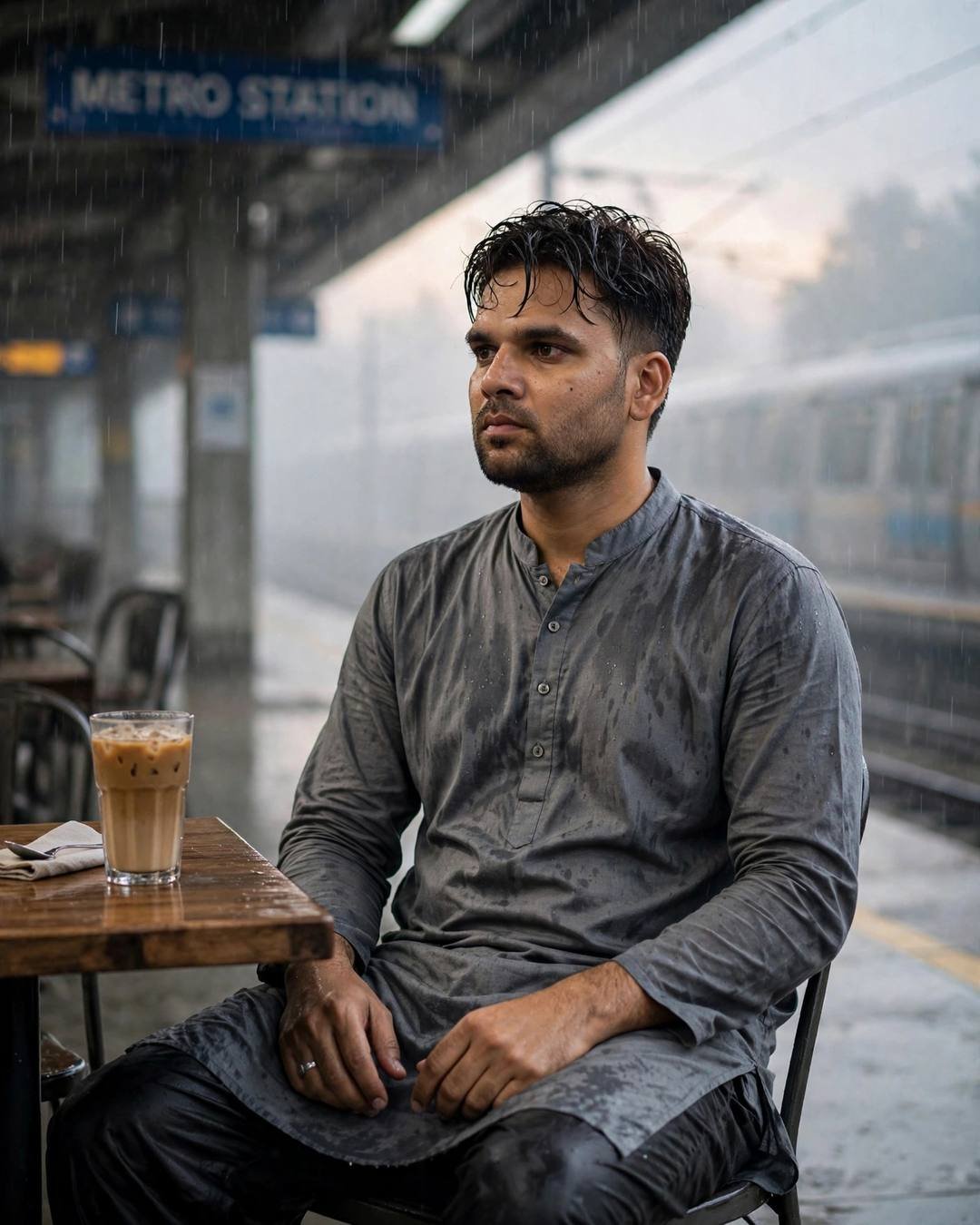 Man in grey kurta sitting with cold coffee at a rainy metro station, staring into the fog