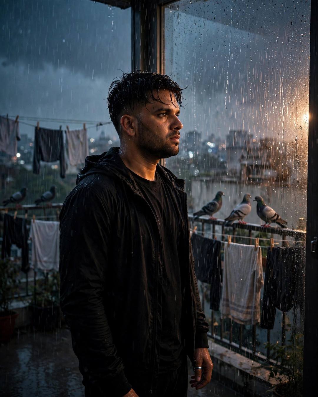 Man in black at a rain-streaked terrace window, one hand on the glass, clothes lines and pigeons around