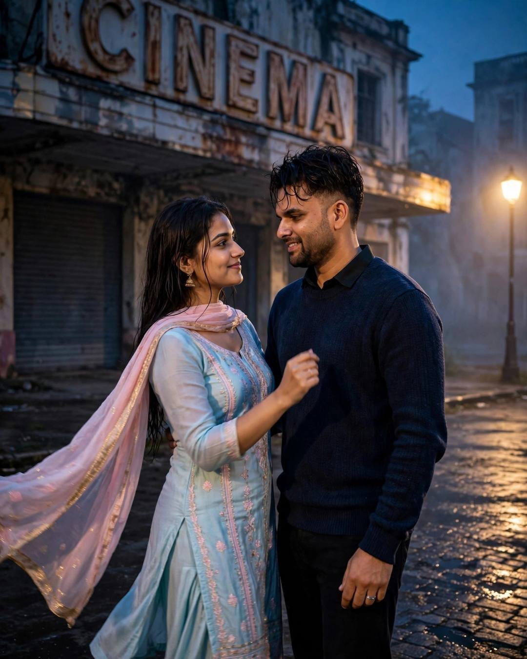 Young Indian couple dancing slowly in an empty street before an abandoned cinema hall at blue hour, her dupatta flying