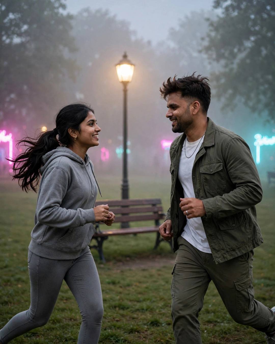 Young Indian couple running laughing toward each other across a foggy park field at late evening with neon pink and cyan light
